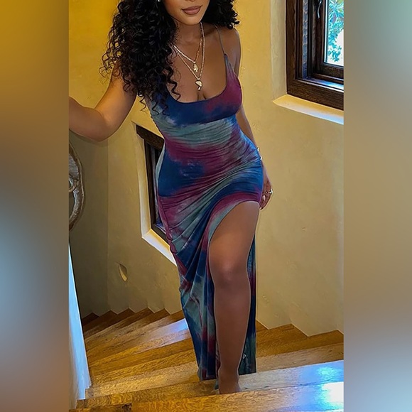 Micas Tie Dye Backless Slit Slip Midi Dress L 011-21 - Picture 2 of 7